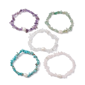 5Pcs 5 Styles Natural Rose Quartz & Quartz Crystal & Howlite & Green Aventurine & Amethyst Chip Beaded Stretch Bracelets for Women, Stackable Bracelets with Cultured Freshwater Pearl Beads