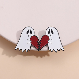 Halloween Ghost with Half Heart Safety Brooch Pin, Alloy Enamel Badge for Suit Shirt Collar, Couple Lover