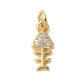 Rack Plating Brass Micro Pave Cubic Zirconia Charms, Cadmium Free & Lead Free, Long-Lasting Plated, Fish Bone