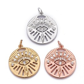 Brass Micro Pave Clear Cubic Zirconia Pendants, Long-Lasting Plated, with Jump Rings, Flat Round with Horse Eye