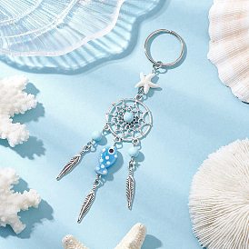 Pameng Keychains, with Tibetan Style Alloy Chandelier Components Links & Porcelain Beads & Synthetic Turquoise Dyed and Natural Howlite Beads & Iron Split Key Rings and Eye Pin & Alloy Pendants