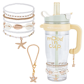 8 шт. подвески-бокалы для вина в виде морских звезд из сплава, натуральных ракушек и смолы, с цепью железа и сплавов застежками когтя омара, золотые