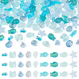 180Pcs 9 Styles Transparent Spray Painted Glass Beads, Mixed Shapes