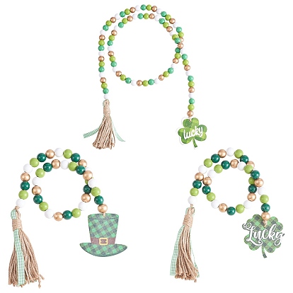3Pcs 3 Style Wood Beaded Garlands, with Jute Tassel, Pendant, for St.Patrick's  Day