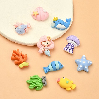 10Pcs 10 Styles Ocean Theme Opaque Resin Cabochons, Sea Animals Cabochon, Fish & Whale & Mermaid, Mixed Shapes