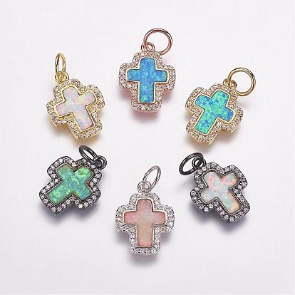 Brass Micro Pave Cubic Zirconia Pendants, with Synthetic Opal, Cross
