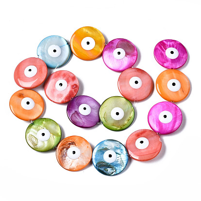 Natural Freshwater Shell Beads Strands, with Enamel, Double-Faced, Flat Round with Evil Eye, Dyed