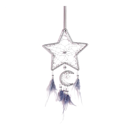 Star Moon Woven Web/Net with Feather Wall Hanging Decorations, with Iron Ring and Maple Leaf Charm, for Home Bedroom Decorations