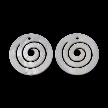 Natural Shell Pendants, Flat Round with Spiral Charm