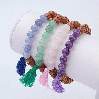 Wood and Natural Gemstone Beads Stretch Bracelets, with Nylon Tassels