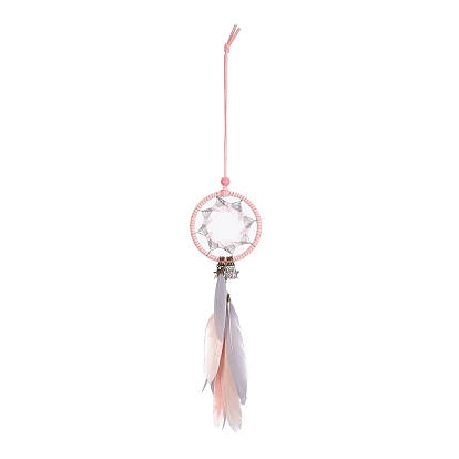 Filet/toile tissé en cuir rond fait à la main avec décoration murale en plumes, avec des anneaux de fer, pendentifs étoiles en alliage et perles en bois, pour bureau à domicile amulette d'ornement