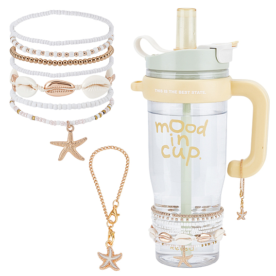 8 шт. подвески-бокалы для вина в виде морских звезд из сплава, натуральных ракушек и смолы, с цепью железа и сплавов застежками когтя омара, золотые