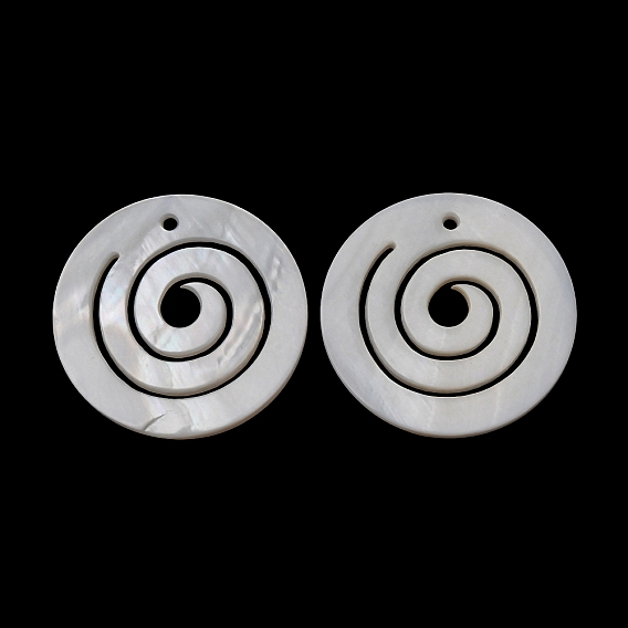 Natural Shell Pendants, Flat Round with Spiral Charm