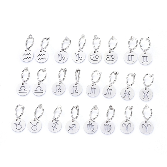 Creolenohrring aus Messing, mit 304 Edelstahl-Charme, flache Runde mit Sternbild / Sternzeichen