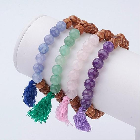 Wood and Natural Gemstone Beads Stretch Bracelets, with Nylon Tassels
