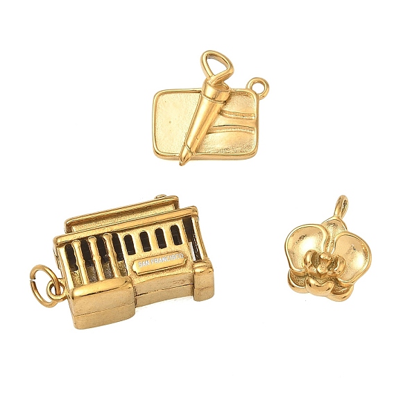 304 Stainless Steel Pendants, Bus/Sandwich/Flower Charms, Long-Lasting Plated, Ion Plating(IP)