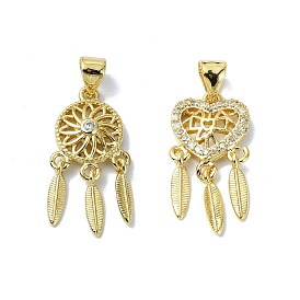 Rack Plating Real 18K Gold Plated Brass Micro Pave Clear Cubic Zirconia Pendants, Long-Lasting Plated, Lead Free & Cadmium Free, Woven Net/Web with Feather