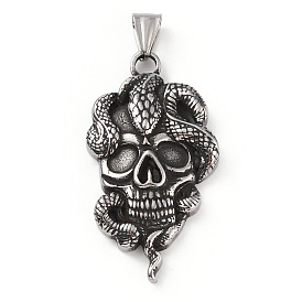 304 Stainless Steel Big Pendants, with 201 Stainless Steel Snap on Bails, Skull with Snake Charms