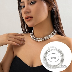 2pcs 2 ensemble de colliers de perles rondes en plastique de style ccb, colliers pour femmes