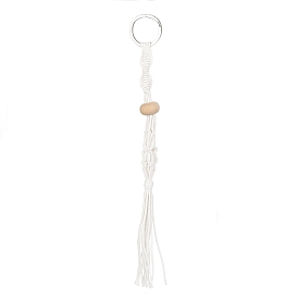 Cordon de coton ciré tressé pochette en macramé porte-pierre vide pour la fabrication de porte-clés pendentif, avec perles en bois et 304 porte-clés fendus en acier inoxydable