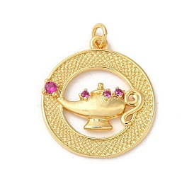 Rack Plating Brass Micro Pave Cubic Zirconia Pendants, with Jump Ring, Long-Lasting Plated, Lead Free & Cadmium Free, Flat Round with Magic Lamp, Deep Pink