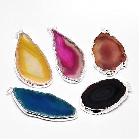 Electroplated Natural & Dyed Agate Big Pendants, with Silver Color Plated Brass Findings
