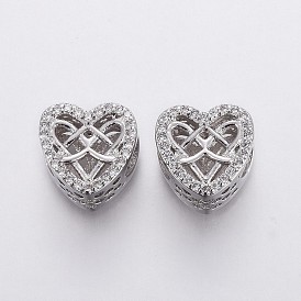 Brass Micro Pave Cubic Zirconia European Beads, Large Hole Beads, Hollow, Heart, Clear