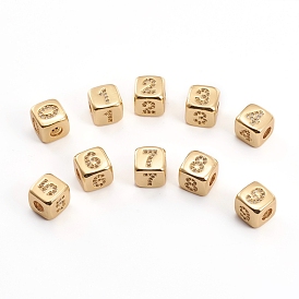 Brass Micro Pave Cubic Zirconia Beads, Cube with Number, Clear, Golden