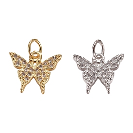 Brass Micro Pave Clear Cubic Zirconia Charms, with Jump Rings, Butterfly
