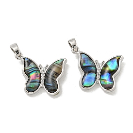 Rack Plating Brass Micro Pave Clear Cubic Zirconia Pendants, with Paua Shell, Butterfly