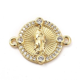 Rack Plating Brass Pave Clear Cubic Zirconia Connector Charms, Lead Free & Cadmium Free, Long-Lasting Plated, Religion Flat Round Links with Virgin Mary