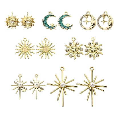 Kit de recherche de fabrication de bijoux pendentif bricolage, y compris 14 pcs 7 style alliage émail & strass & laiton, lune & soleil & étoile & fleur, or