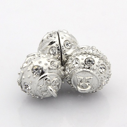 Mixed Round Alloy Magnetic Clasps with Loops, with Grade A Rhinestone, 17.5x13mm, Hole: 2mm
