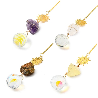 Wire Wrapped Nuggets Natural Gemstone Pendant Decorations, Brass Sun and Glass Round Tassels Hanging Ornaments