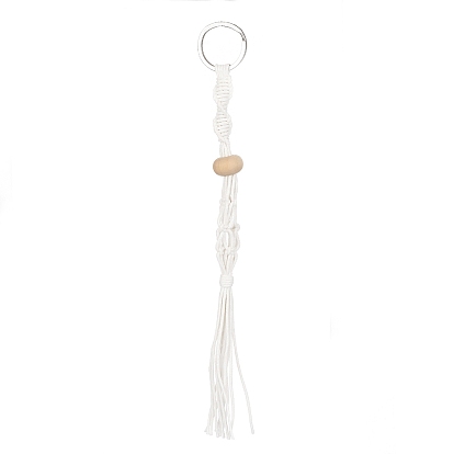 Waxed Cotton Cord Braided Macrame Pouch Empty Stone Holder for Pendant Keychain Making, with Wood Beads and 304 Stainless Steel Split Key Rings