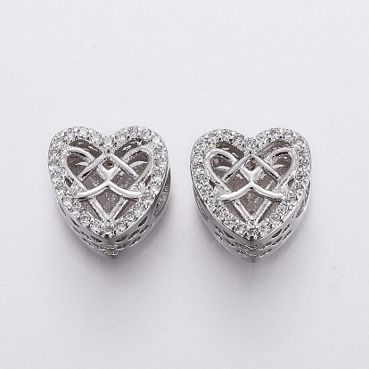 Brass Micro Pave Cubic Zirconia European Beads, Large Hole Beads, Hollow, Heart, Clear