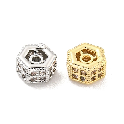 Brass Micro Pave CLear Cubic Zirconia Beads, Cadmium Free & Nickel Free & Lead Free, Hexagon