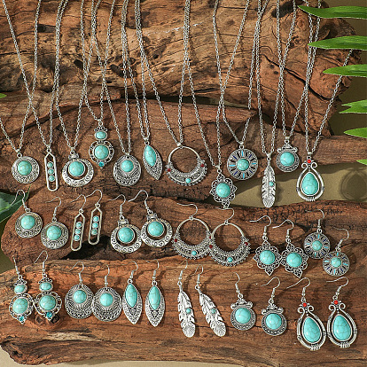Комплекты из ожерелий и серег-подвесок из цинкового сплава и синтетической бирюзы в этническом стиле, античное серебро