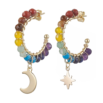 Halbe Creolen mit facettiertem, rundem Edelstein im Mond- und Sternchakra-Stil, asymmetrische Ohrstecker, Messingschmuck für Damen