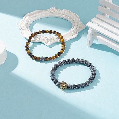 2Pcs 2 Style Natural Weathered Agate(Dyed) & Tiger Eye Round Beaded Stretch Bracelets Set with Alloy Lion, Gemstone Jewelry for Women