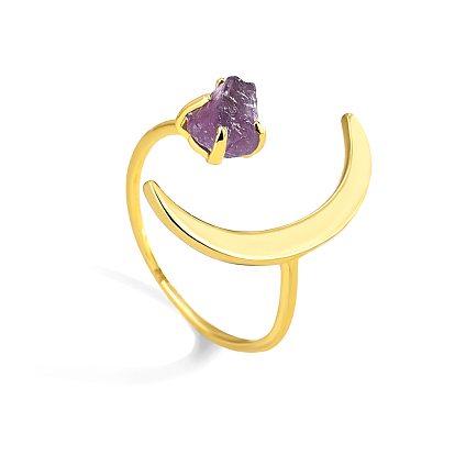 Light Amethyst Rhinestone Crescent Moon Open Cuff Ring, Brass Jewelry for Women