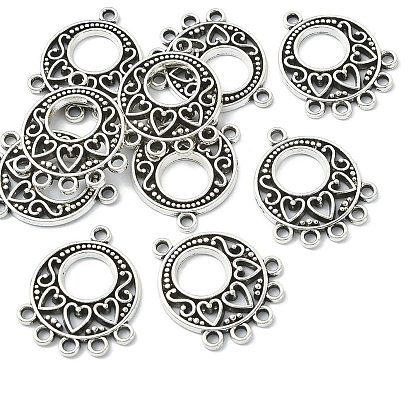 Tibetan Style Alloy Chandelier Component Links, Hollow-out, Cadmium Free & Lead Free, Flat Round with Heart