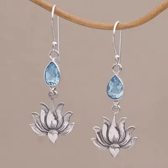 Серьги-подвески из цинкового сплава со стразами, слеза с лотосом, античное серебро