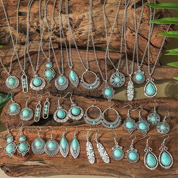 Комплекты из ожерелий и серег-подвесок из цинкового сплава и синтетической бирюзы в этническом стиле, античное серебро