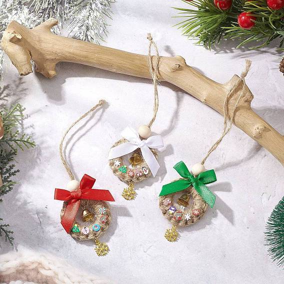 3 шт. рождественские подвесные украшения-банты из дерева и полиэстера, с подвесками из сплава и железными колокольчиками