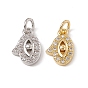 Brass Micro Pave Clear Cubic Zirconia Charms, with Open Jump Rings, Hand with Eye