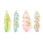 4Pcs 4 Colors Electroplated Natural Quartz Crystal Pendants, with Light Gold Plated Copper Wire Wrapped Faceted Bullet Charms