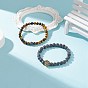 2Pcs 2 Style Natural Weathered Agate(Dyed) & Tiger Eye Round Beaded Stretch Bracelets Set with Alloy Lion, Gemstone Jewelry for Women