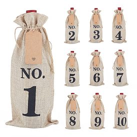 Flax Drawstring Bags, with Kraft Paper Hanging Tags & Hemp Ropes, for Wine Storage, Number Pattern
