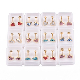 304 Stainless Steel Earlobe Plugs, Screw Back Earrings, with Polymer Clay Rhinestone, Heart, Golden